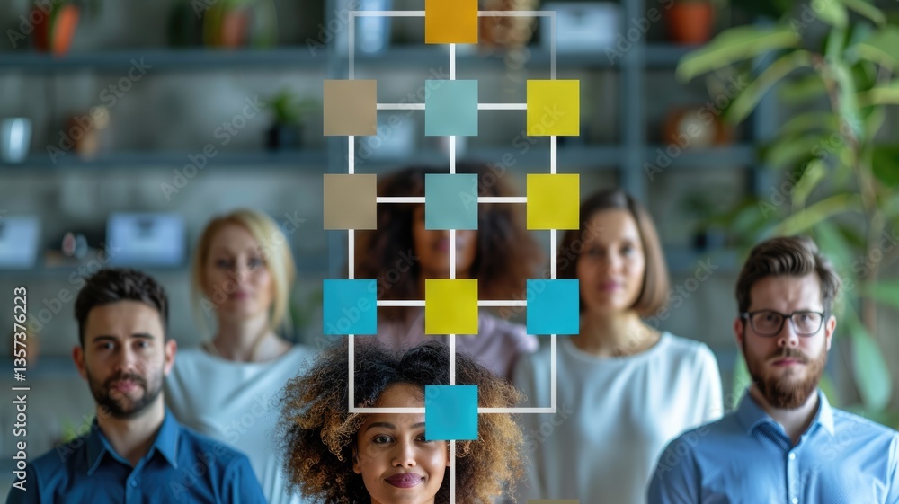 Poster a vibrant organizational chart displayed in front of a team, illustrating a clear structure in a mod