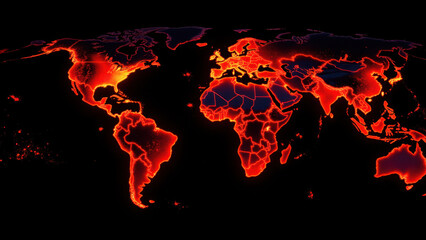 Wildfires burning across a map of Earth, illustrating global hotspots for firefighting and environmental emergencies.
