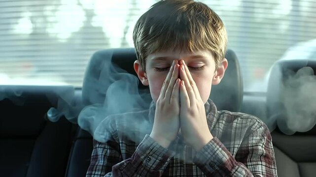 A boy sits in the back seat of a car, pressing his hands against his nose and mouth while smoke from the front seat drifts toward him, emphasizing the risks of passive smoking in e