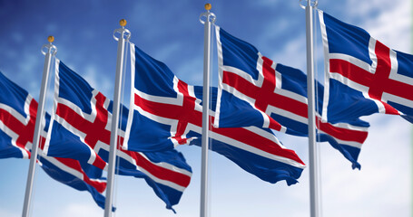 Icelandic flags waving together under a clear blue sky