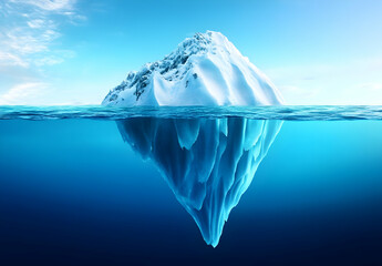 Obraz premium A stunning iceberg emerges from the clear blue water, showcasing its massive structure and beautiful icy surface, symbolizing nature's beauty.