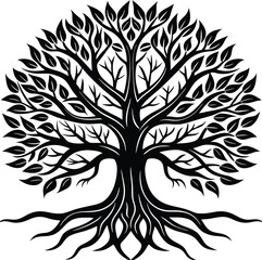 Obraz premium Black and White Vector Tree Silhouette with Ornamental Floral Design