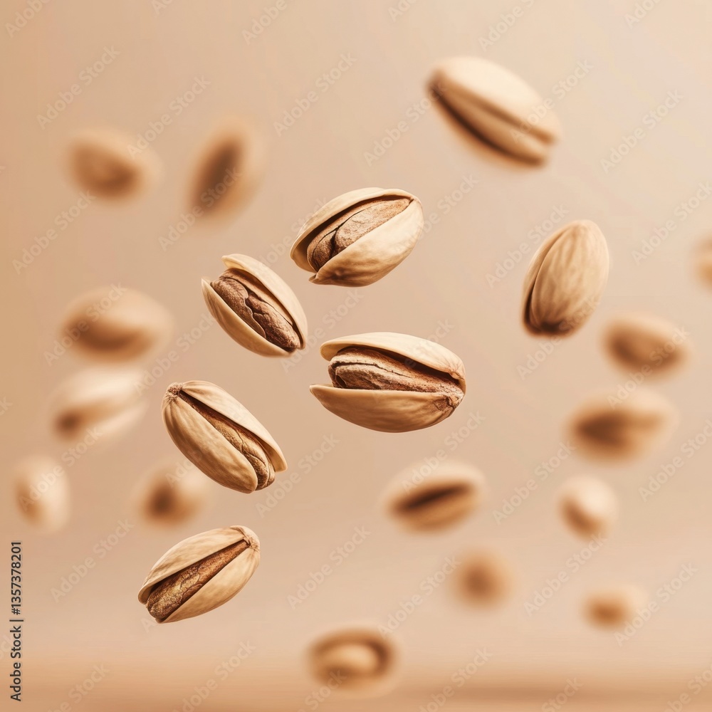 Poster pistachio nuts floating in a soft brown background creating a dynamic and visually appealing composi