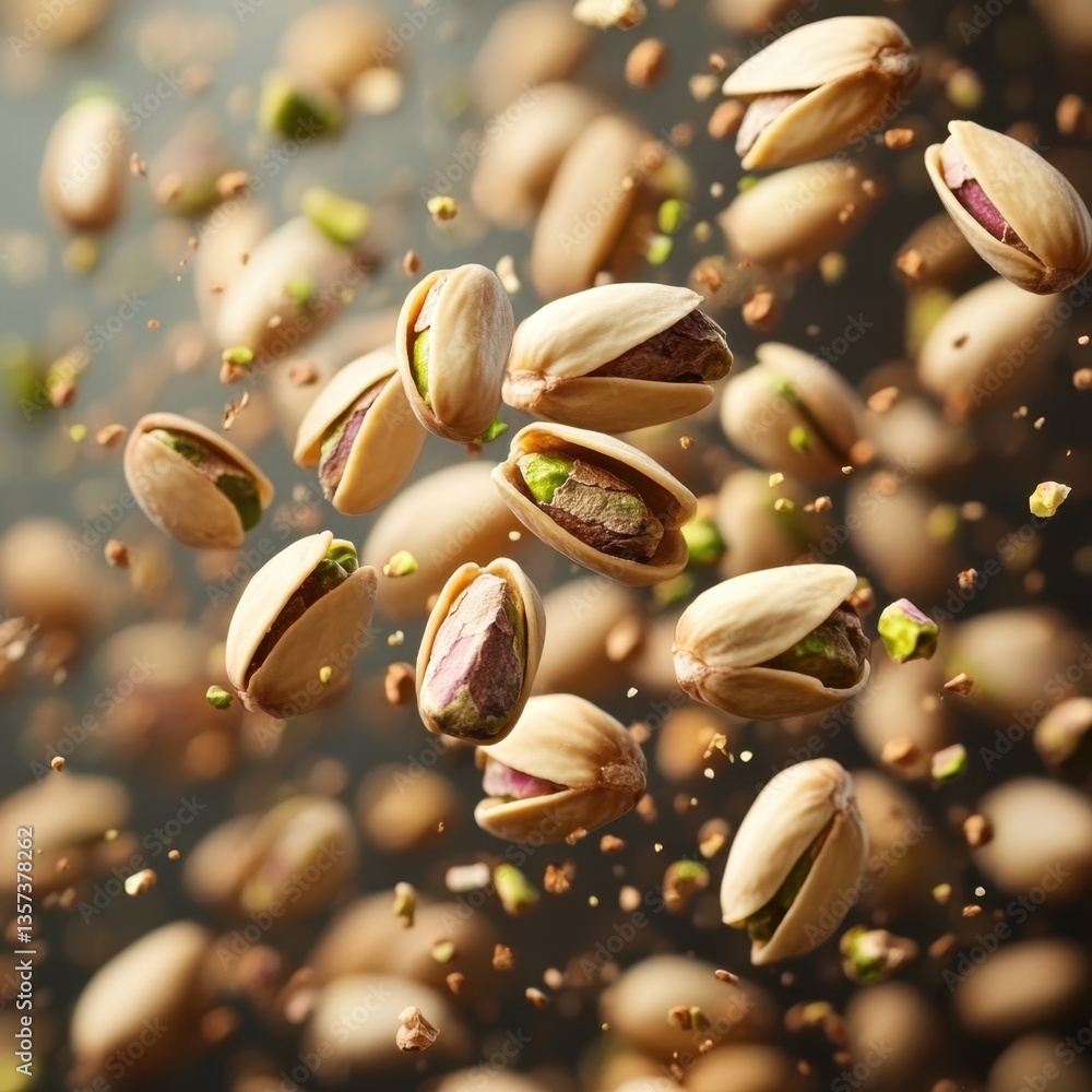 Poster floating pistachios in dynamic composition against soft background showcasing natural texture and co