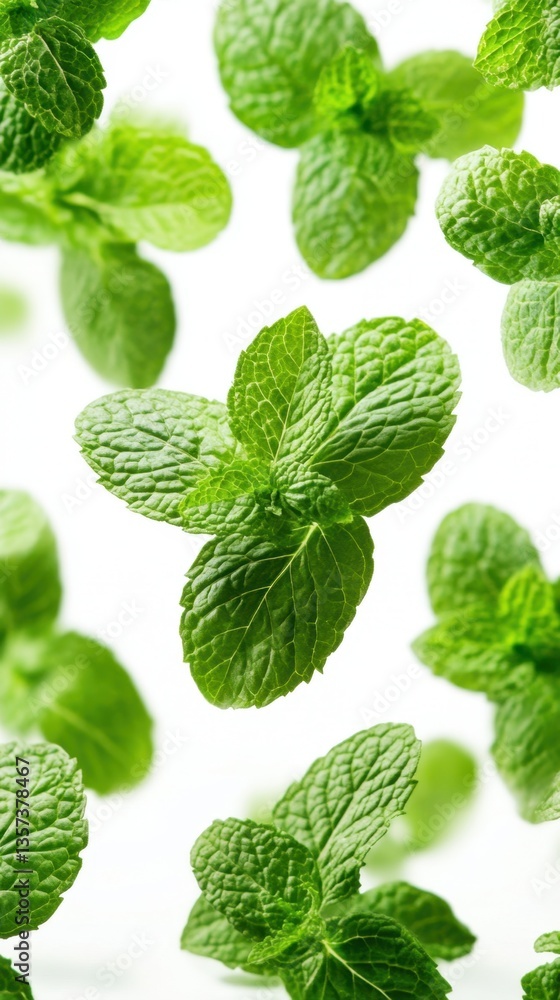 Aufkleber fresh mint leaves floating in a bright white background creating a clean and vibrant pattern for cul