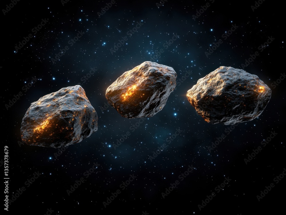 Poster three asteroids floating in deep space with glowing interiors and distant stars in the black backgro