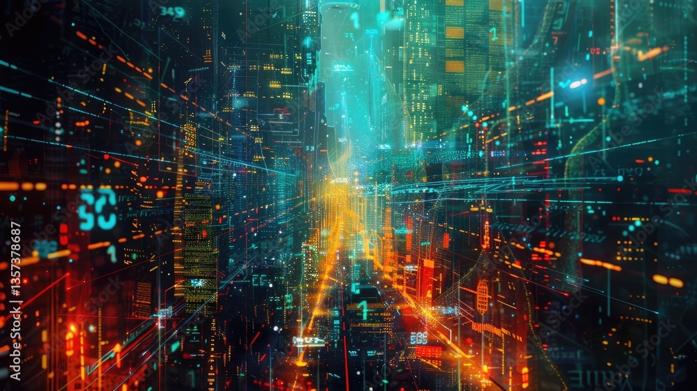Poster immerse yourself in a vibrant futuristic cityscape filled with dynamic data visualization elements. 