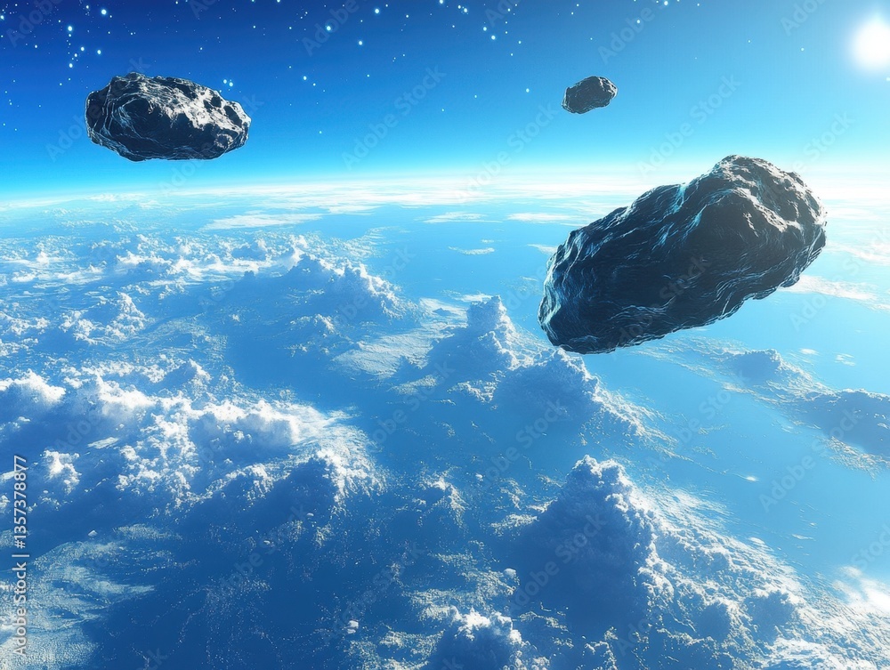 Poster asteroids hovering above a blue planet with white clouds and a starry sky creating a space scene