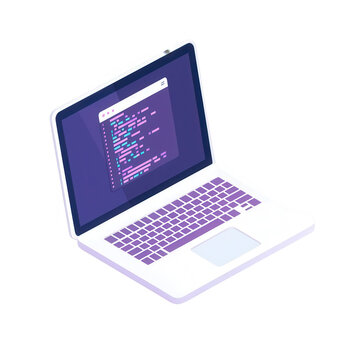 Laptop computer with code on screen, white isolate background.