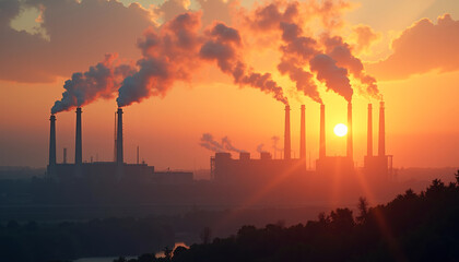 Sunset silhouette of industrial power plant with smokestacks in orange and purple sky over horizon