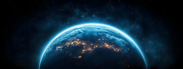 Obraz premium A stunning view of Earth from space, showcasing glowing cities surrounded by a vast universe of stars and cosmic beauty.