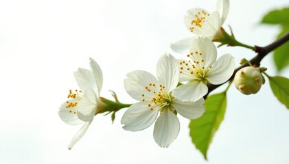 Fototapeta premium Blooming pear tree flowers on twig isolated on white background, fresh, pink