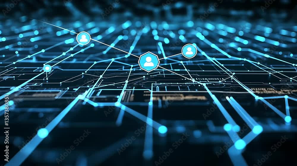 Poster a glowing blue matrix of interconnected digital folders, with data packets visibly moving through tr