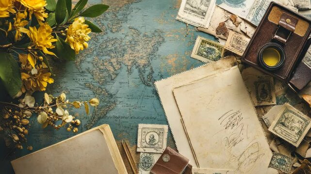 Flat lay of vintage postage stamps, International Philately Day.