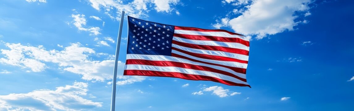 American Flag Waving in the Breeze Against a Beautiful Cloudy Sky in Full Detail