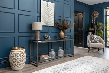 A sophisticated space featuring a curved floor lamp, a smoked glass console table, and a rattan chair, enhanced by warm beige walls and organic design elements. 