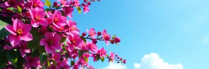 Obraz premium Bougainvillea vine with magenta flowers against blue sky, flowers, blue sky