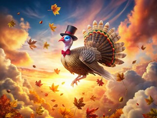 Surreal Thanksgiving Turkey Cartoon: Whimsical Flight of Gratitude