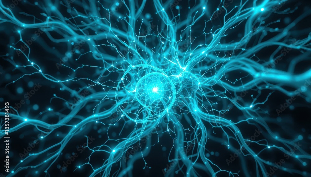 Poster abstract neural network vibrant cyan design with electric sparks and intricate connections