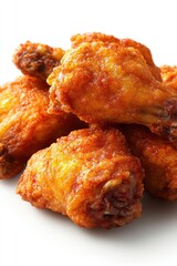 Crispy golden fried chicken wings on a white background featuring delicious texture and vibrant color perfect for food photography and culinary themes