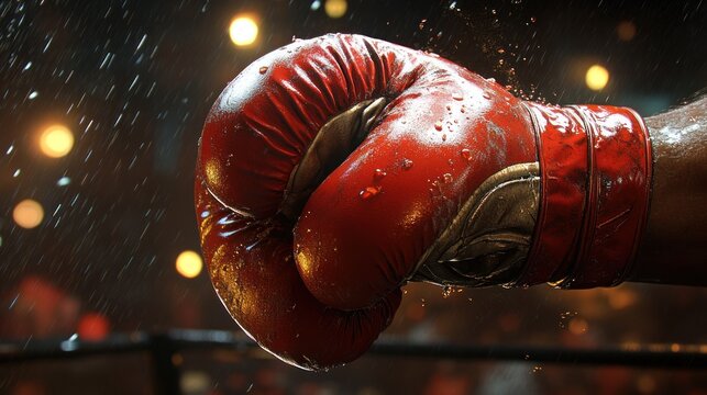 Close-up boxing glove in the ring, wet with rain