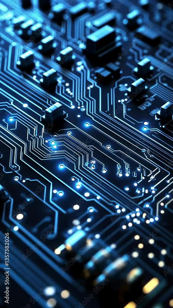 Poster detailed view of a circuit board showcasing intricate pathways and electronic components illuminated