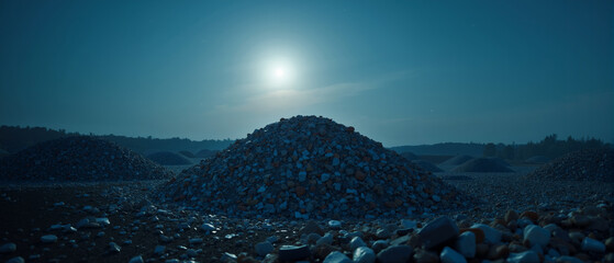 Moonlit landscape of waste piles under night sky revealing environmental challenges and pollution impact on nature
