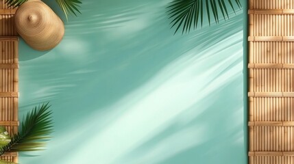 Serene Summer Turquoise Background with Bamboo, Palm Leaves, and Straw Hat