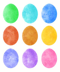 A painted set of nine flat multicolored Easter eggs. Imitation of watercolor. Without a background.