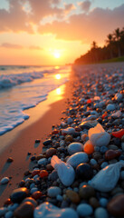 Polluted landscape at sunset with colorful plastic waste and shells along the beach
