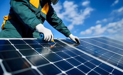 A technician inspects and maintains solar panels under a clear blue sky, showcasing renewable energy advancements.
