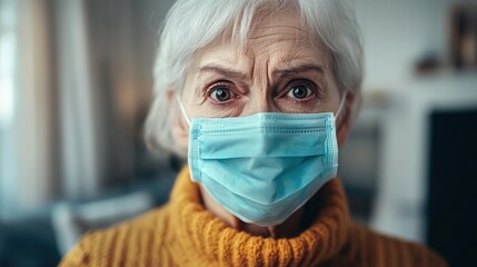 A close-up portrait photograph of an elderly person wearing a blue mask, set against a blurred indoor background with soft lighting and furniture