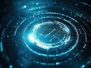 Blue circular tech interface pattern with light and code, suggesting a digital control system.
