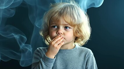 A preschool-aged child coughs into their hand, struggling to breathe amidst a cloud of secondhand smoke, their innocent face showing discomfort and distress.
