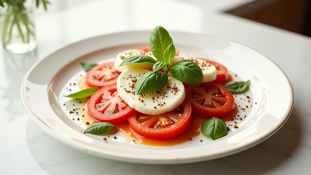 A beautifully plated Caprese salad featuring fresh tomato and mozzarella slices, garnished with basil leaves on a white plate. - Powered by Adobe