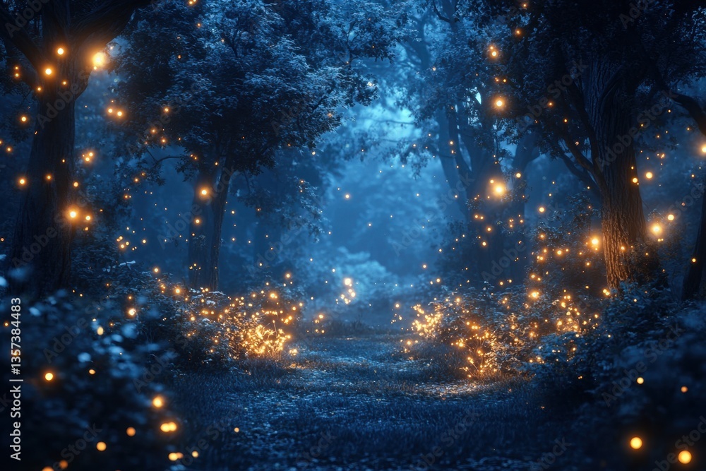 Poster enchanted forest path at twilight with glowing lights illuminating the trees and ground creating a m