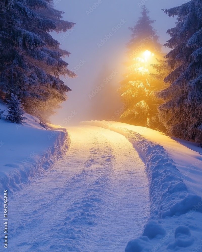 Poster snowy winter road through a forest with light shining through trees creating a magical and serene at