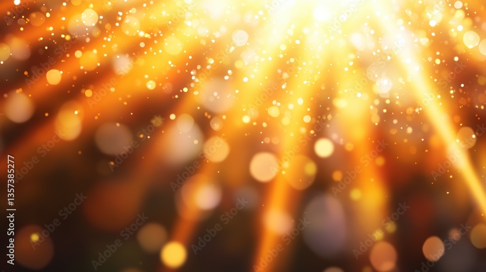 Poster abstract warm-toned light rays radiating from central point with bokeh effect and glitte particles o