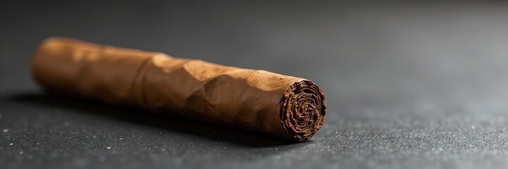 Brown cigar placed on a plain grey background with a soft backlight highlighting the rich texture and dark hues of the tobacco leaf,  luxury,  grey