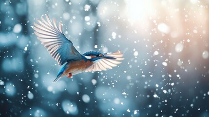 Common kingfisher, Alcedo atthis, in flight in winter. Beautiful blue bird in flight with snow. European wildlife scene with snowflakes. Bird fly in natural habitat in winter. Animal in snow.
