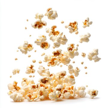 Delicious popcorn kernels falling on a white background studio shot capturing the essence of snack time movie night treat and cinematic experience