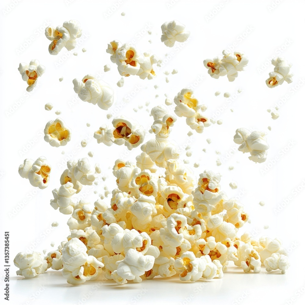 Poster exploding popcorn delight a captivating still life of airy kernels on a clean white backdrop perfect