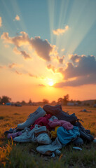Polluted landscape with discarded clothing under sunset sky