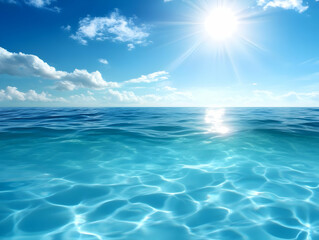 Obraz premium A tranquil ocean scene, showcasing vibrant blue water under a bright sunlit sky, perfect for relaxation and nature themes.