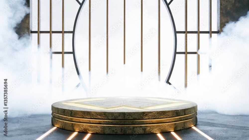 Poster a stage with wooden and golden features, complemented by a background with lines and a hazy atmosphe
