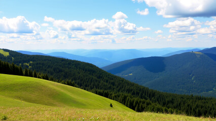 Fototapeta premium Breathtaking Landscape of Green Hills and Forested Mountains Under Blue Sky
