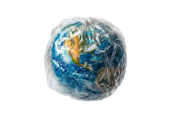 Plastic-wrapped globe representing global waste and environmental issues isolated on transparent background