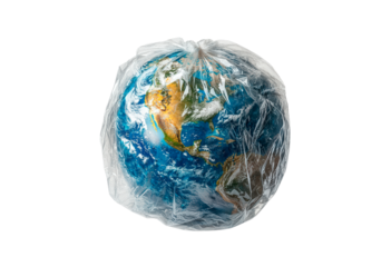 Plastic-wrapped globe representing global waste and environmental issues isolated on transparent background