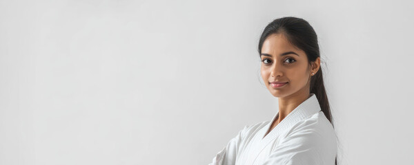 confident indian female martial artist in white gi with arms crossed. strength and discipline. exercising, active and healthy lifestyle, self-defense