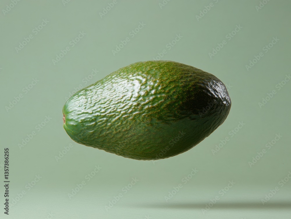 Poster studio shot of a fresh avocado floating against a serene green background capturing its natural text